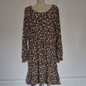 LOFT Black and Yellow Floral Long Sleeve Dress